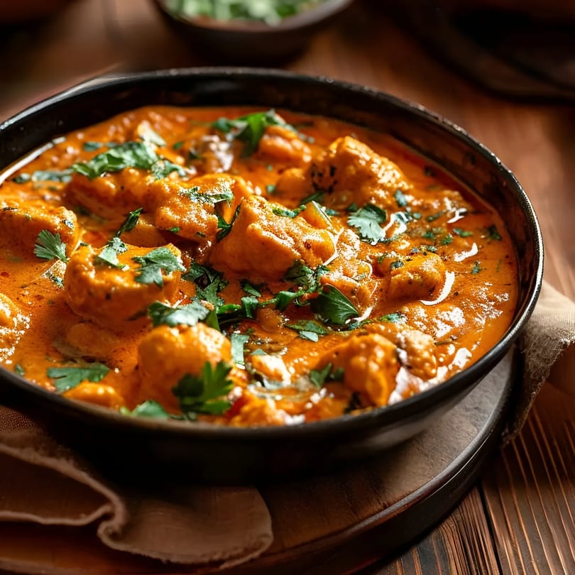 A close-up of 5th Element Indian Grill's chicken tikka masala, garnished with fresh cilantro.