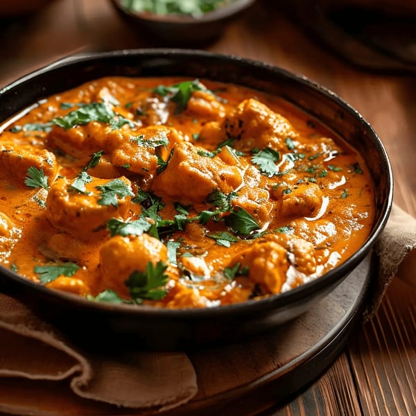 A close-up of a bowl of Indian butter chicken, garnished with fresh cilantro.