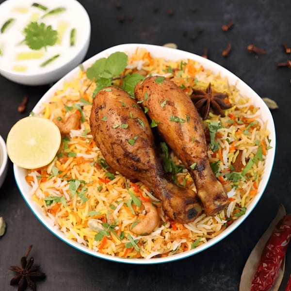 A vibrant bowl of Indian chicken biryani with two drumsticks, rice, cashews, and fresh herbs.